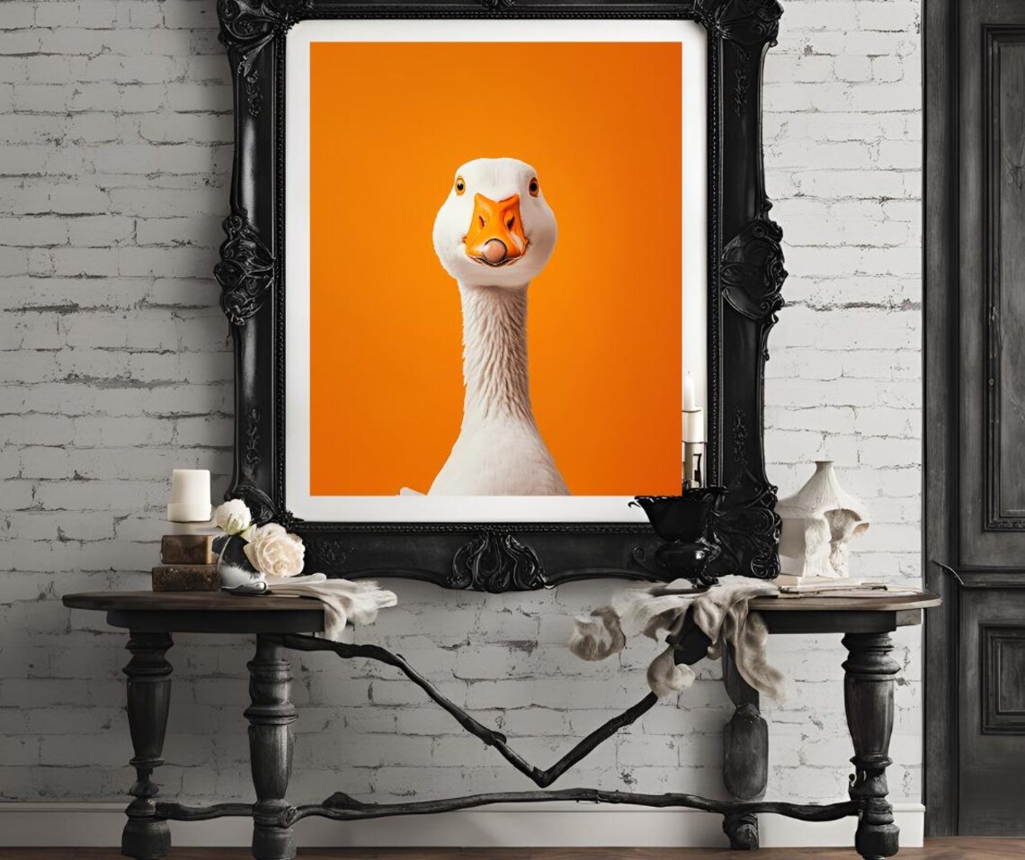 Playful White Goose Portrait Bold Orange Background Modern Art Poster - Image 4