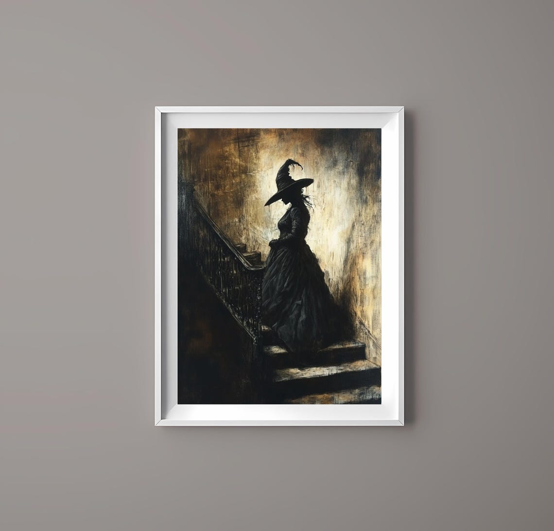 Dark Witch Silhouette Gothic Staircase Haunting Halloween Art Poster - Image 3