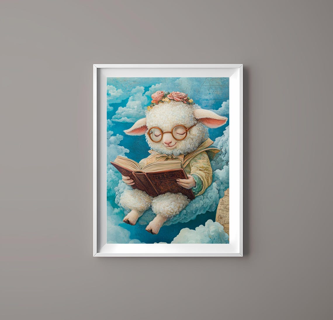 Cute Sheep Reading Book On Clouds With Glasses Whimsical Animal Poster - Image 3