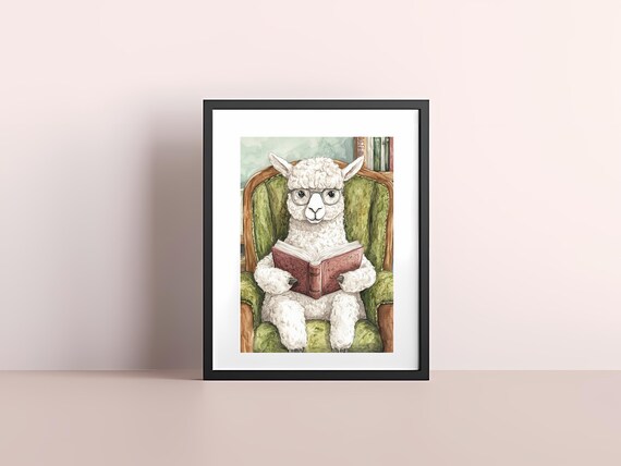 Cozy Llama Reading Book In Armchair Funny Glasses Animal Poster
