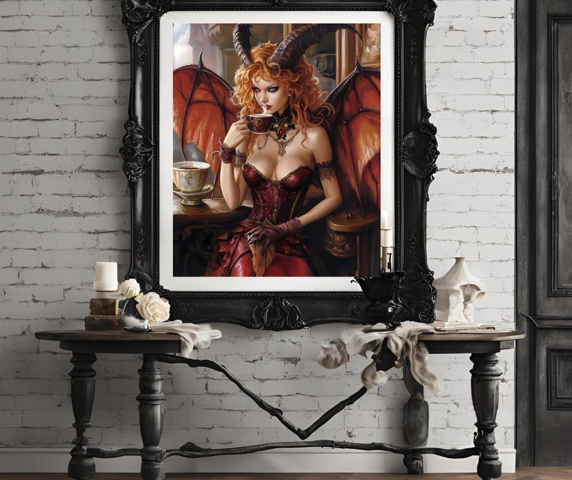 Horned Demon Beauty Sipping Coffee With Red Wings Facing Viewer Poster - Image 4