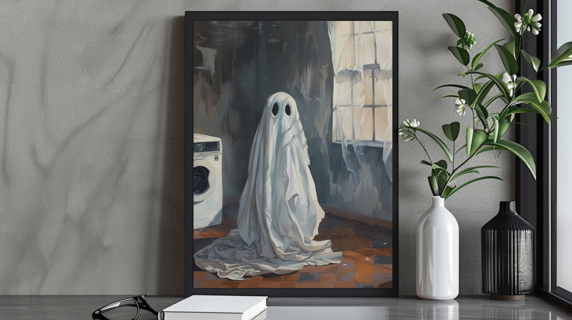 Cute Ghost Doing Laundry by the Washing Machine Spooky Poster