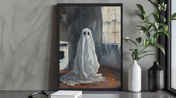 Cute Ghost Doing Laundry by the Washing Machine Spooky Poster