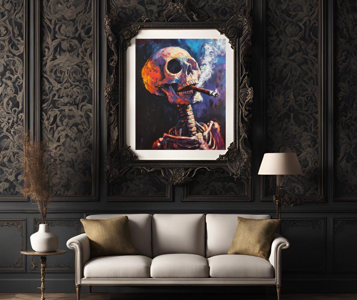 Skeleton Smoking a Cigar in Fiery Red and Blue Impasto Art Poster - Image 3