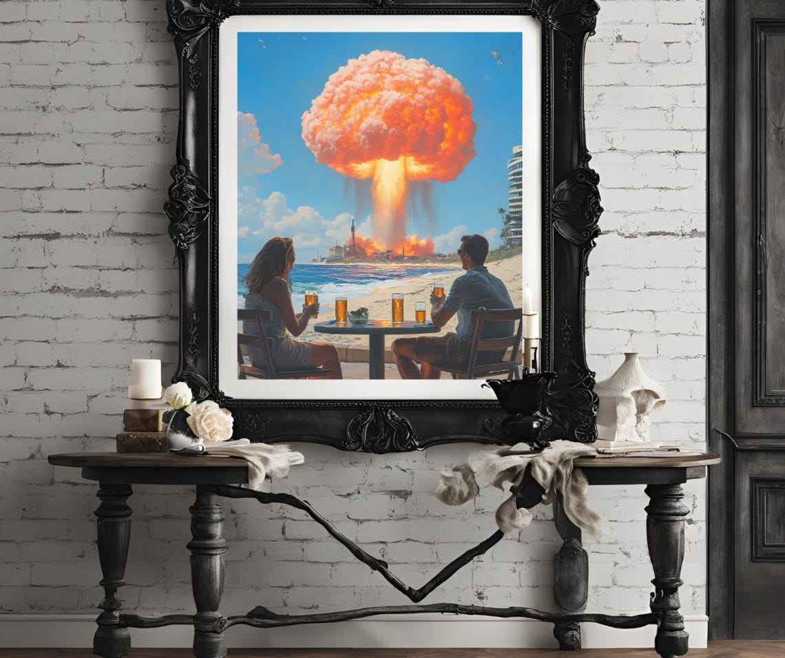 Retro Couple Drinking Beer While a Mushroom Cloud Rises Art Poster - Image 4