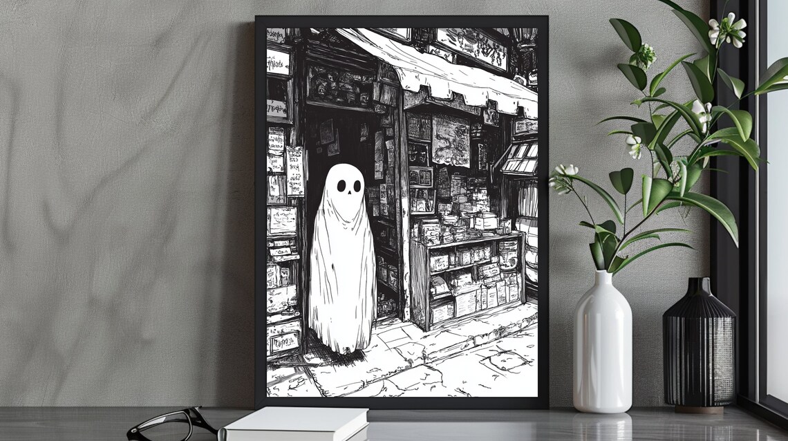 Cute White Ghost in Old Bookshop Doorway Black White Art Poster