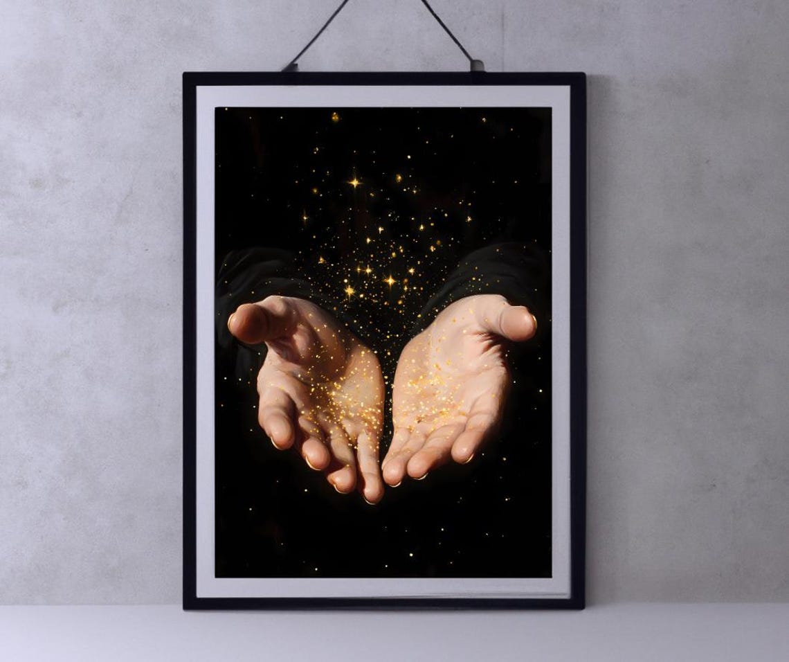 Two Open Hands Holding Golden Stardust Celestial Mystical Art Poster