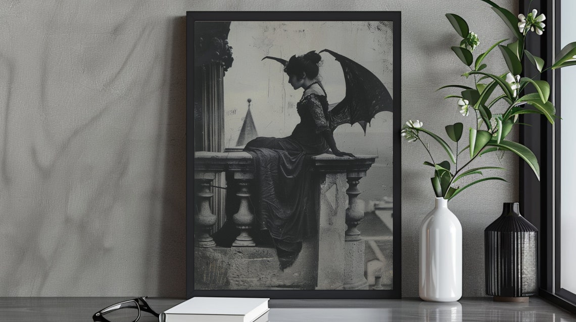 Gothic Dark Angel with Bat Wings on Balcony Monochrome Art Poster