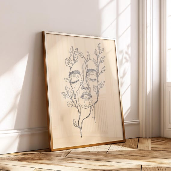 Abstract Boho Face Line Art Minimalist Botanical Wall Print Poster