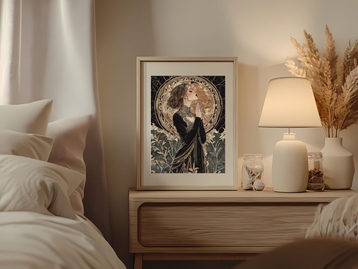 Art Nouveau Woman In Prayer Ornate Golden Halo Elegant Art Poster - Image 2