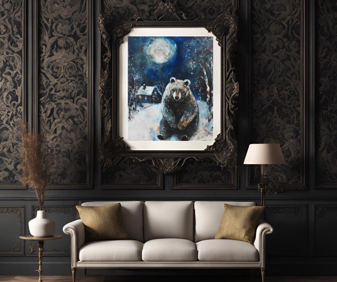 Winter Bear Under a Full Moon in a Snowy Village Night Art Poster - Image 3