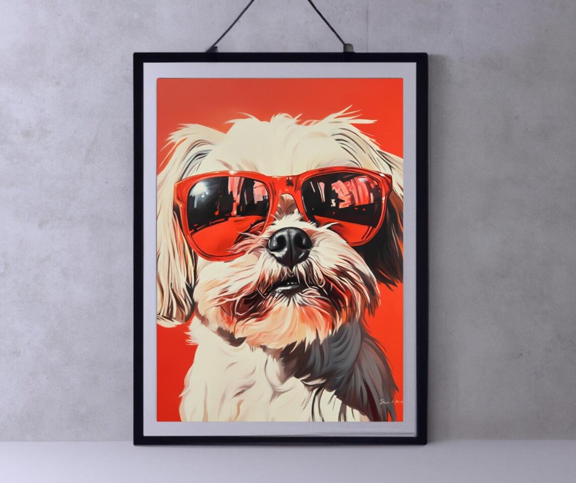 Fluffy White Dog in Oversized Red Sunglasses Pop Art Portrait Poster