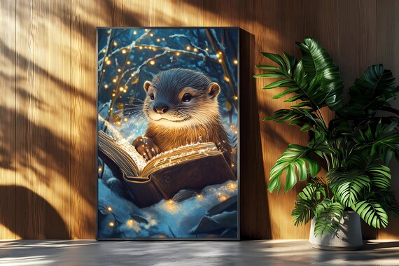 Magical Otter Reading Glowing Book in Snowy Winter Forest Poster