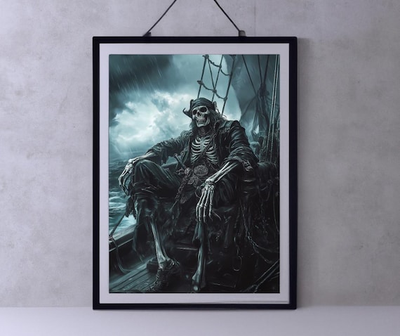 Skeleton Pirate Captain Sitting on a Stormy Haunted Ship Poster