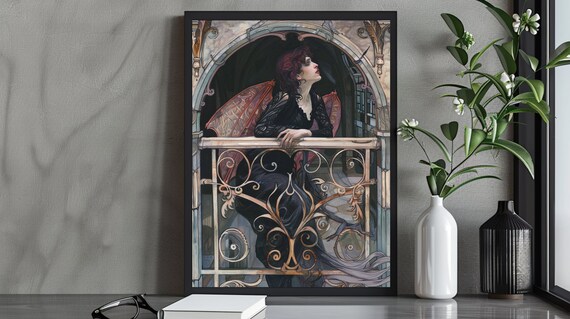 Enigmatic Art Nouveau Red Haired Winged Woman On Ornate Balcony Poster