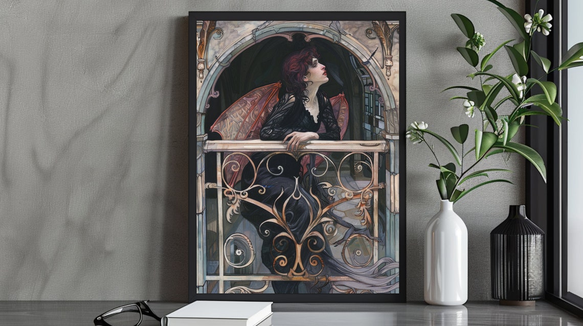 Enigmatic Art Nouveau Red Haired Winged Woman On Ornate Balcony Poster