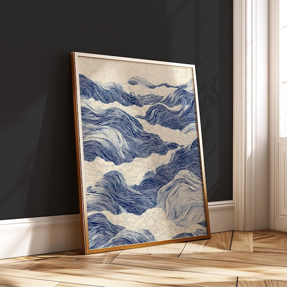 Japanese Wave Pattern Traditional Ukiyoe Style Poster Indigo Sea Wall Art Wabi Sabi Ocean Print