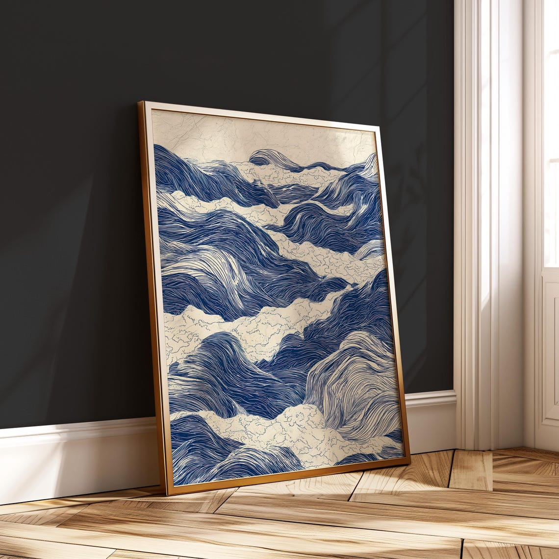 Japanese Wave Pattern Traditional Ukiyoe Style Poster Indigo Sea Wall Art Wabi Sabi Ocean Print