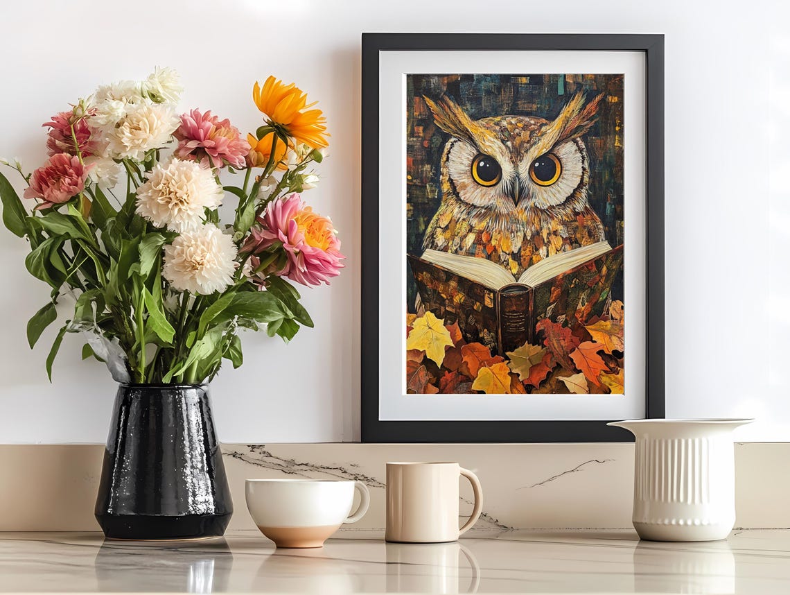 Whimsical Wide-Eyed Owl Reading a Book Among Autumn Leaves Poster - Image 2