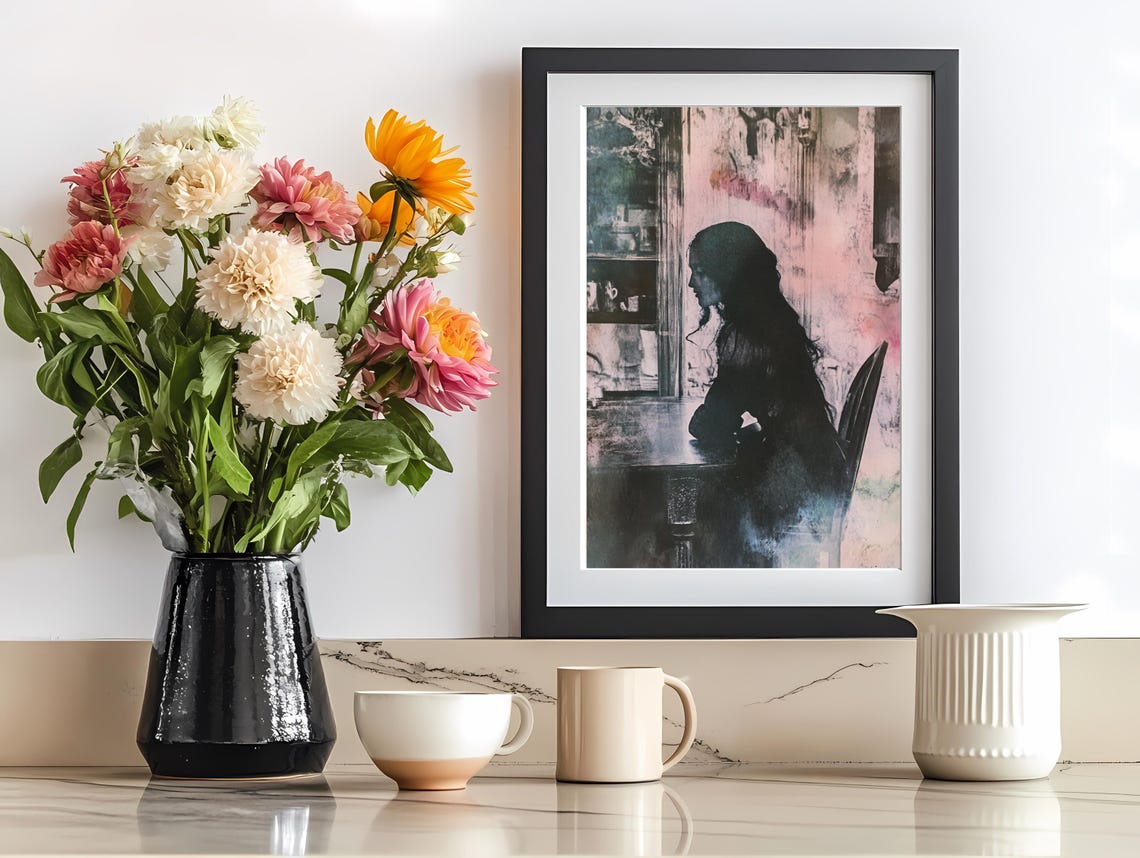 Moody Art Silhouette Woman At Table Illustration Atmospheric Wall Art Gift For Her - Image 2