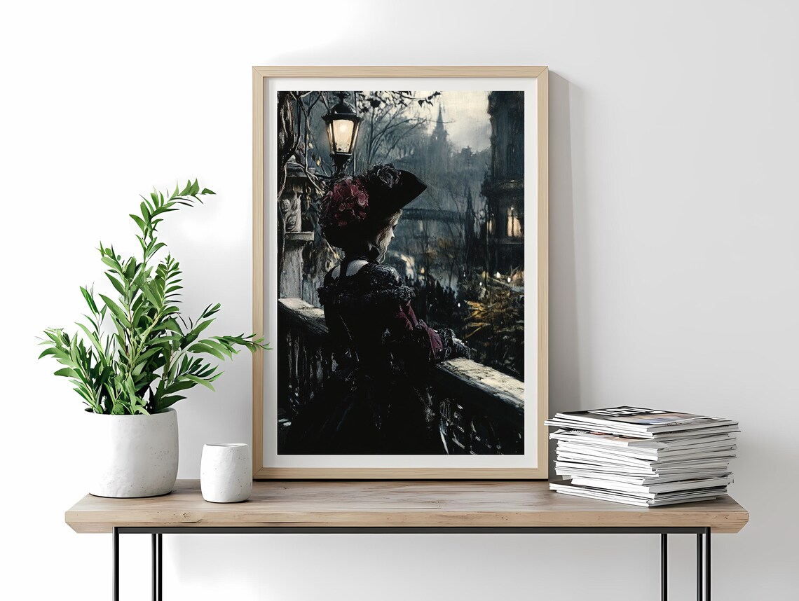 Victorian Woman Night Balcony Lamp Dark Romantic Cityscape Poster - Image 4