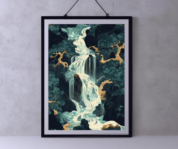 Hokusai Ukiyo E Japanese Waterfall Wall Art Landscape Poster Print Blue Green Japanese Home Decor