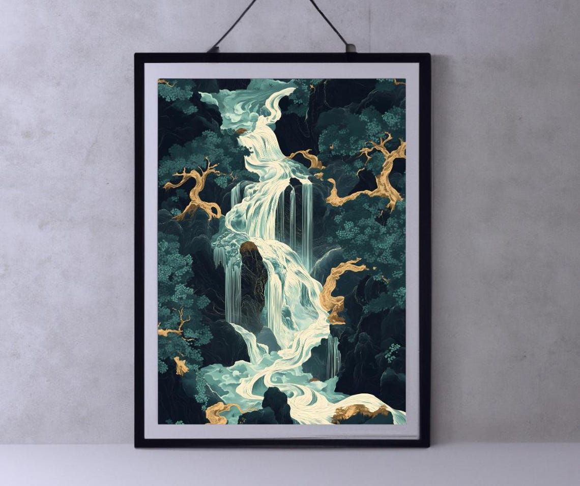 Hokusai Ukiyo E Japanese Waterfall Wall Art Landscape Poster Print Blue Green Japanese Home Decor