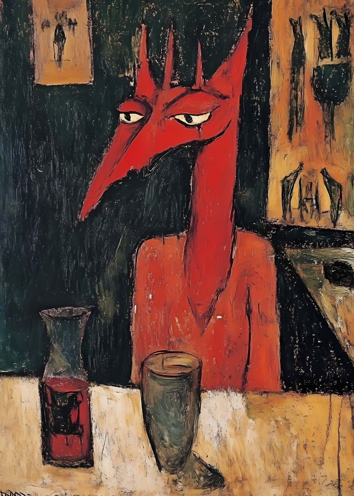 Surreal Red Fox Creature at Table Bold Expressionist Animal Art Poster - Image 3