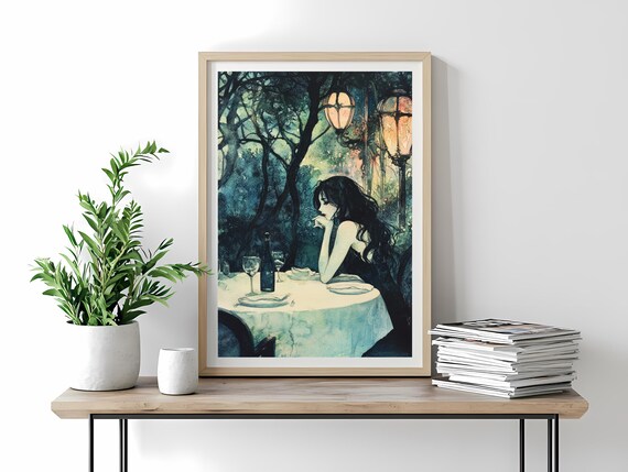 Dreamy Moonlit Dinner Woman Under Trees Watercolor Romantic Poster