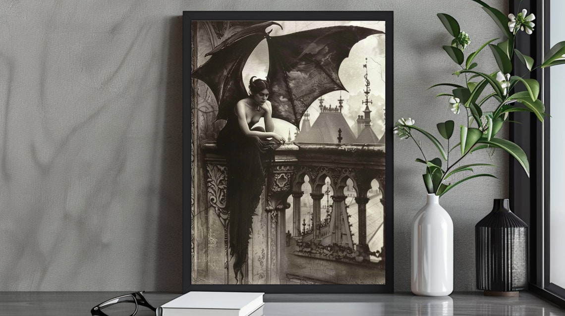 Enigmatic Gothic Fantasy Art Print Dark Angel On Gothic Balcony Mysterious Gothic Home Decor Dark Fantasy Wall Art