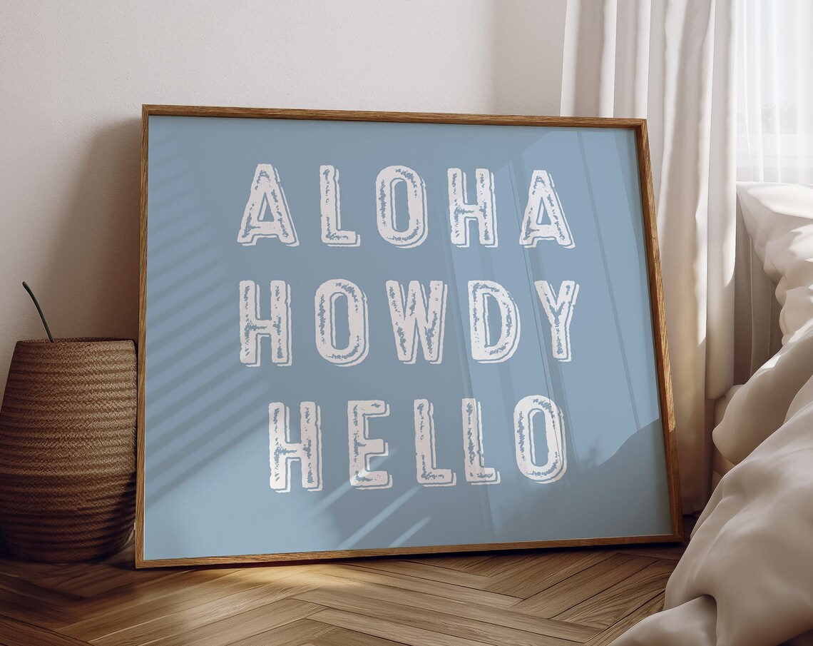 Aloha Howdy Hello Distressed Blue Greeting Coastal Decor Poster