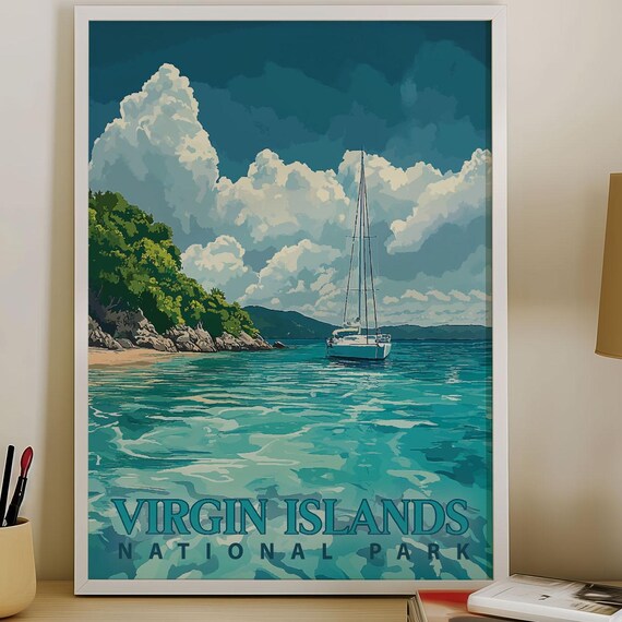 Virgin Islands National Park Sailboat Turquoise Water Vintage Travel Poster