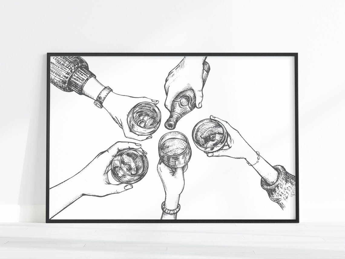 Cheers Wine Toast Sketch Friends Celebration Bar Decor Art Poster