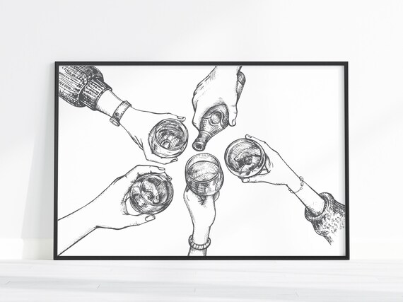 Cheers Wine Toast Sketch Friends Celebration Bar Decor Art Poster