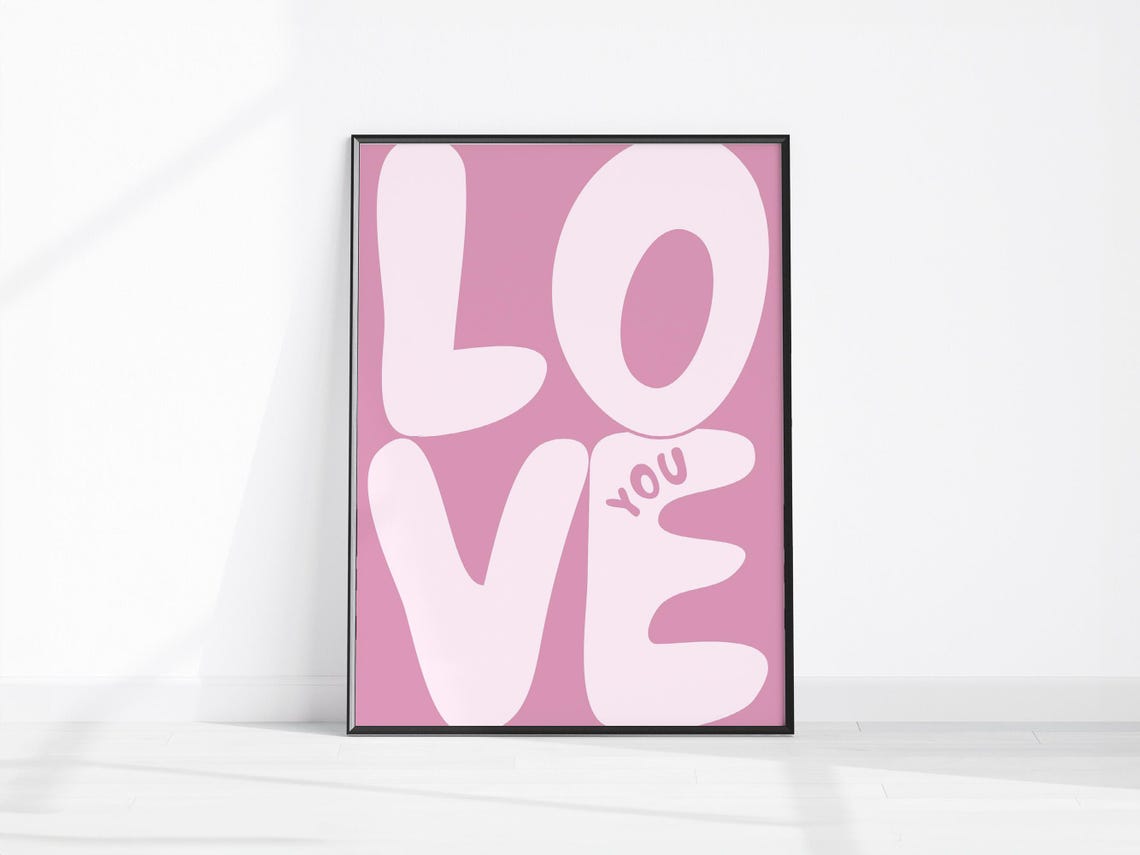 Love You Retro Pink Bubble Letters Funky Preppy Bedroom Wall Art