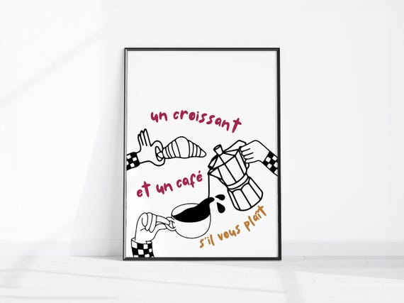 Croissant And Coffee Wall Art Hand Drawn French Breakfast Print Kitchen Decor Trendy Moka Pot Retro