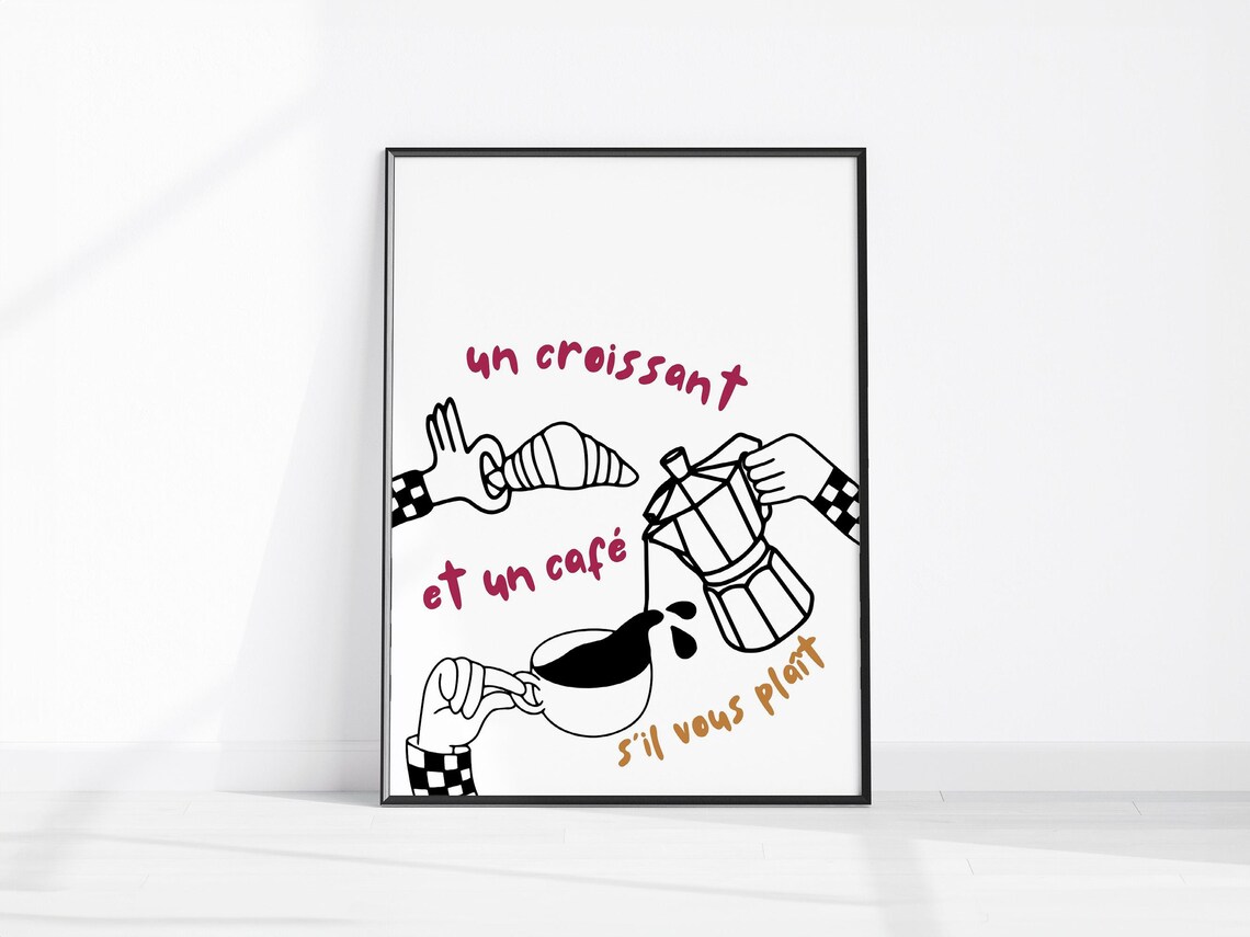 Un Croissant et Un Cafe French Breakfast Line Art Kitchen Poster