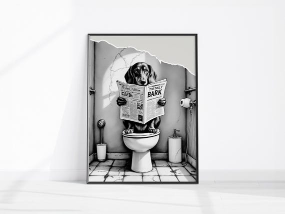 Dachshund On Toilet Wall Art Funny Bathroom Decor Animal In Dog Lover Poster Vintage Restroom Print