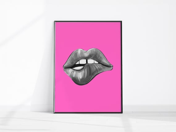 Hot Pink Pop Art Lips Biting Lip Black And White Retro Fashion Art Poster