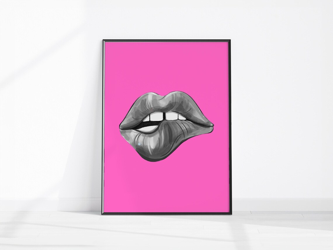 Hot Pink Pop Art Lips Biting Lip Black And White Retro Fashion Art Poster