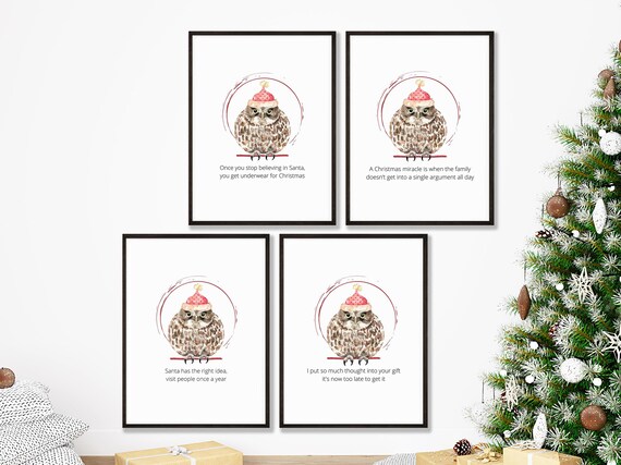 Funny Christmas Quotes Decor Cute Owl Wall Art Santa Print Set Fun Watercolour Card