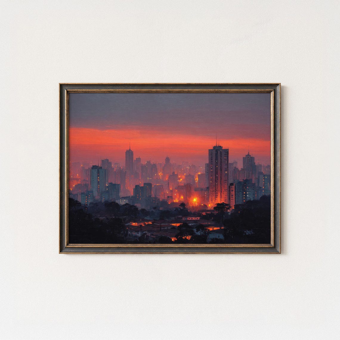 Dramatic Orange Sunset Skyline City Towers Urban Lights Wall Art