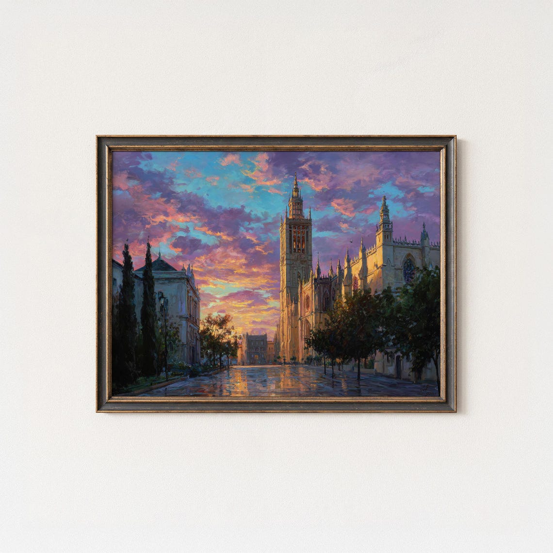 Seville Cathedral Giralda Tower Sunset Purple Sky Plaza Wall Art