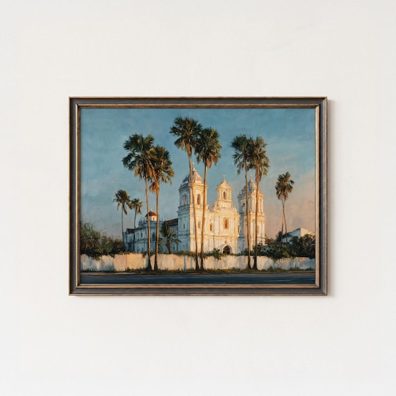 Historic White Colonial Cathedral Behind Tropical Palm Trees Poster