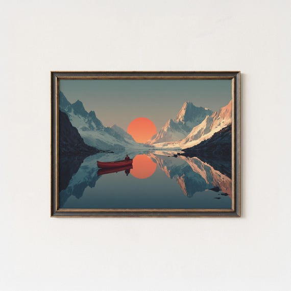 Mountain Lake Retro Wall Art Red Canoe Orange Sun Print Minimalist Cinematic Landscape Vintage Travel Poster Nature Decor