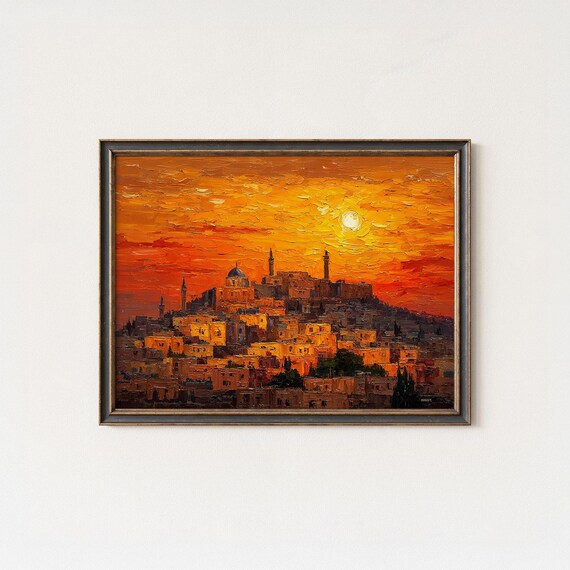 Amman Citadel Wall Art Print Golden Sunset Cityscape Painting Palette Knife Impressionist Style Travel Artwork