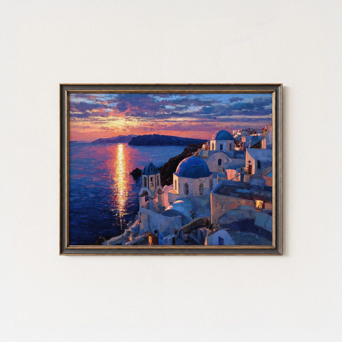 Santorini Greece Golden Sunset Blue Domes Caldera Sea View Poster