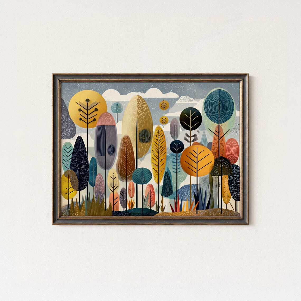 Abstract Forest Art Print, Mid-Century Folk Style