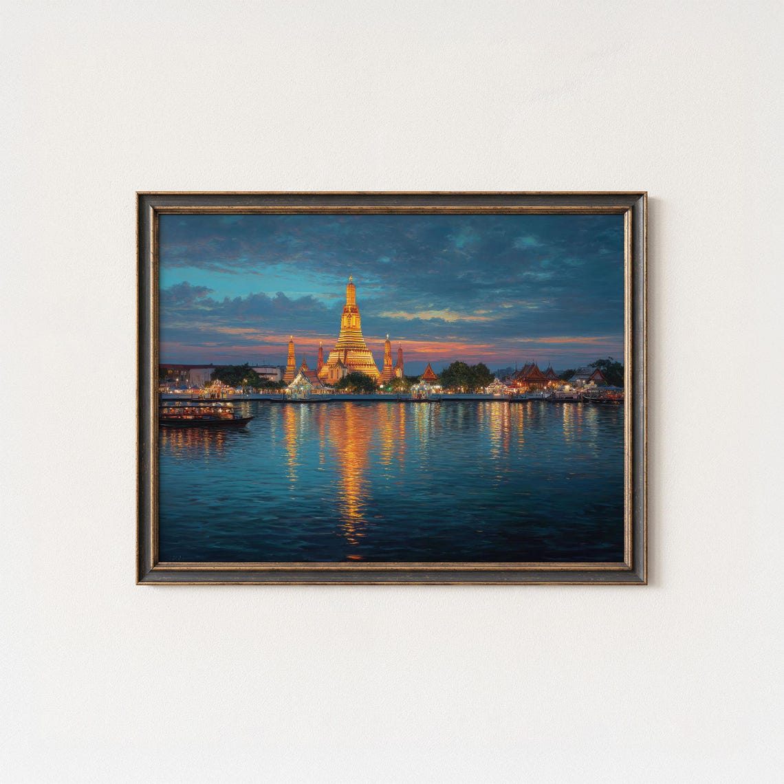 Wat Arun Bangkok Temple at Dusk Golden River Reflection Poster