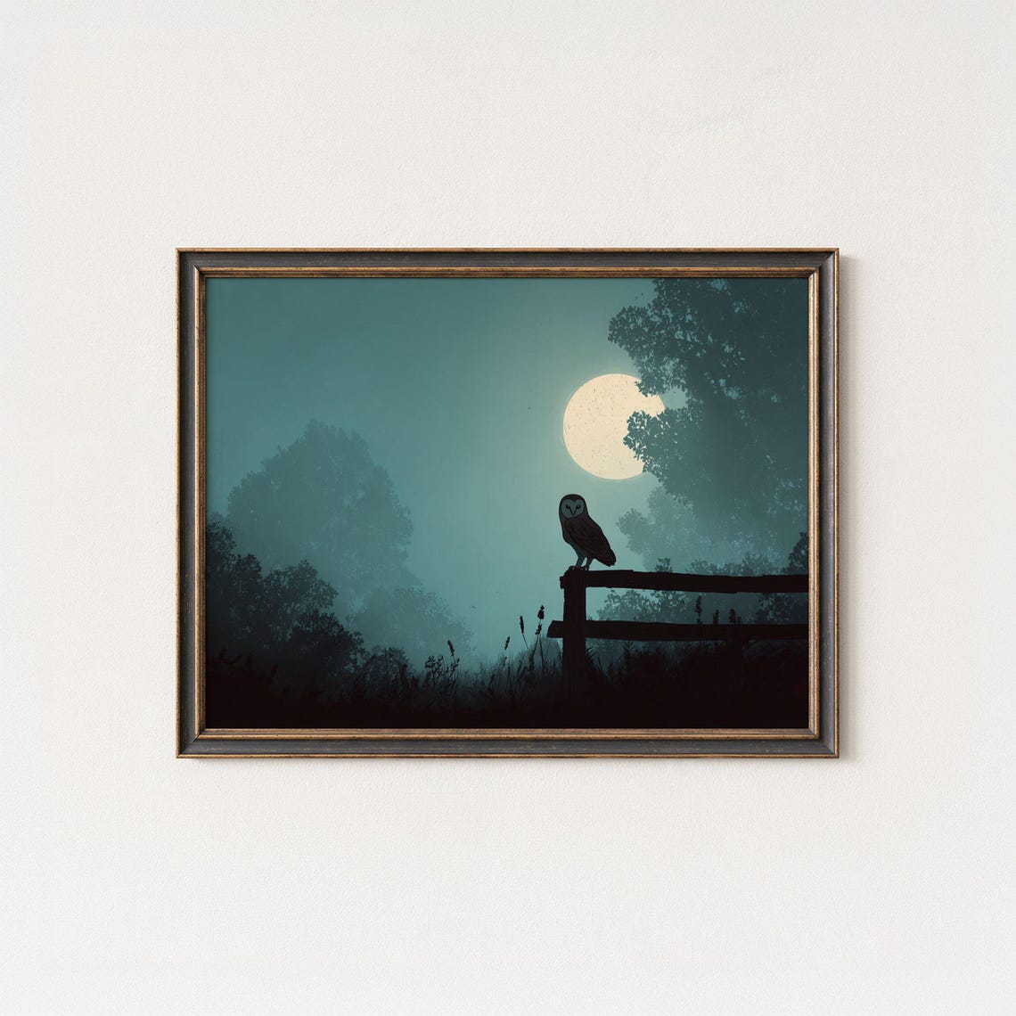Silent Owl On Fence Under Full Moon Misty Woods Night Poster